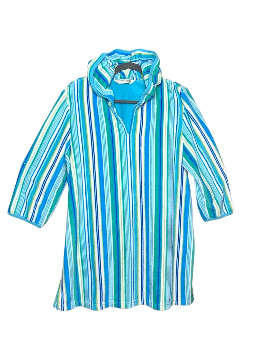 Jasmine Rose Hooded Plush Robe Blue Teal Striped Sz S/M Pullover Tunic Cove Up